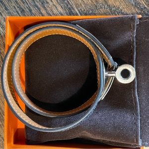 Hermes Double Tour Black Leather and Palladium plated bracelet.